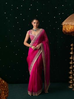 Almaari By Pooja - Rani Pink Organza Saree with Stitched Blouse
