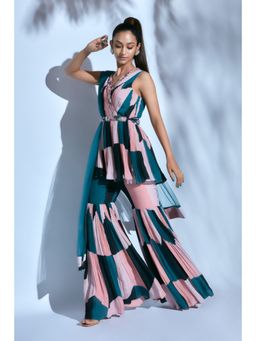 Nirmooha - Printed Embroidered Kurti with Printed Sharara and Teal Dupatta with Printed Borders