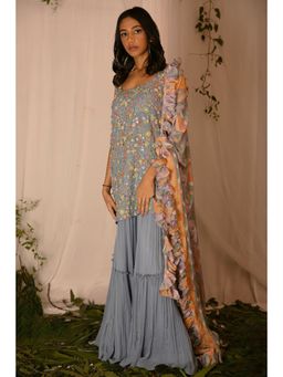 Nirmooha - Hand-Embroidered Kurta with Tiered Sharara and Ruffled Dupatta