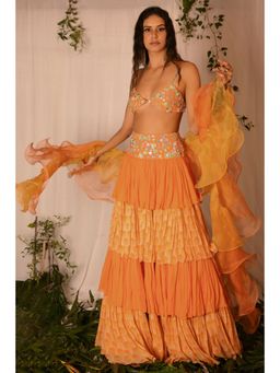 Nirmooha - Orange Hand-Embroidered Blouse with Layered Lehenga and Dupatta