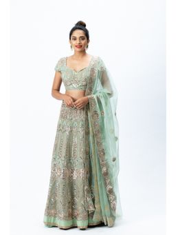 Nirmooha - Mint Green Hand-Embroidered Lehenga with Blouse, Dupatta and Jacket