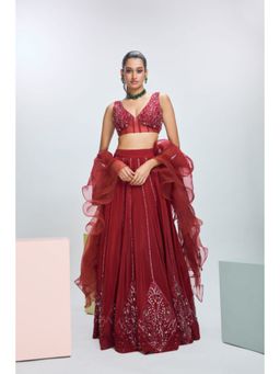 Nirmooha - Rust Embroidered Lehenga with Blouse and Dupatta