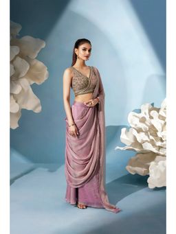 Qunic - Pink Petal Blush Dusty Rose Pre-Draped Saree with Stitched Blouse