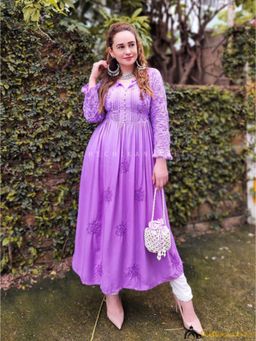 The Chikan Label - Embroidered Chikankari Muslin Purple Anarkali Kurta
