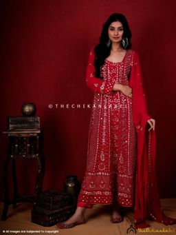 The Chikan Label - Embroidered Mirror Work Viscose Red Anarkali Kurta with Dupatta
