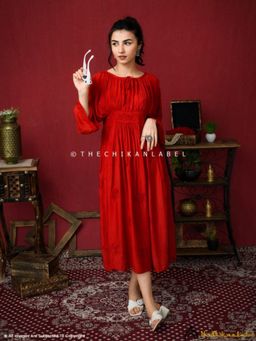 The Chikan Label - Embroidered Chikankari Muslin Red Midi Dress