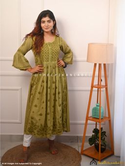 The Chikan Label - Embroidered Chikankari Modal Green Anarkali Kurta