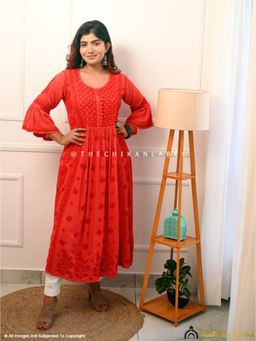 The Chikan Label - Embroidered Chikankari Modal Red Anarkali Kurta