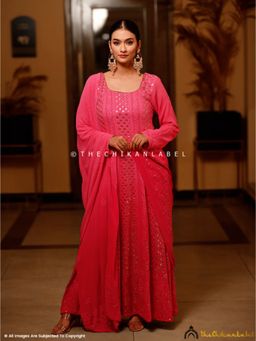 The Chikan Label - Embroidered Embellished/Sequined Viscose Pink Anarkali Kurta with Dupatta