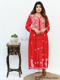 The Chikan Label - Embroidered Chikankari Rayon Red Anarkali Kurta