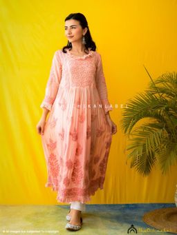 The Chikan Label - Embroidered Chikankari Muslin Peach Anarkali Kurta