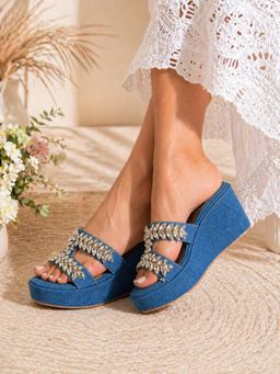 Sandal Stories - Denim Embellished Comfort Wedges