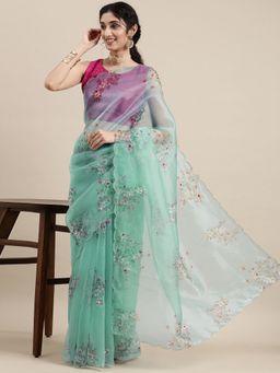Vastranand - Green Floral Beads And Stones Organza Saree with Unstitched Blouse