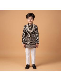 ETHNIKS NEURON - Boys Sherwani Kurta with Chudidar and Necklace - Black