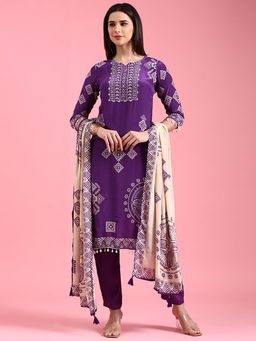NEERU'S - Purple Printed Kurta with Pant and Dupatta