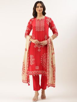 NEERU'S - Red Printed Kurta with Pant and Dupatta