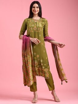 NEERU'S - Green Floral Kurta with Pant and Dupatta