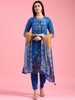 NEERU'S - Blue Floral Kurta with Pant and Dupatta