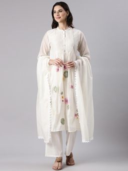 NEERU'S - Cream Floral Kurta with Pant and Dupatta