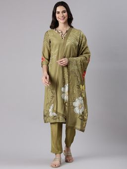 NEERU'S - Green Floral Kurta with Pant and Dupatta
