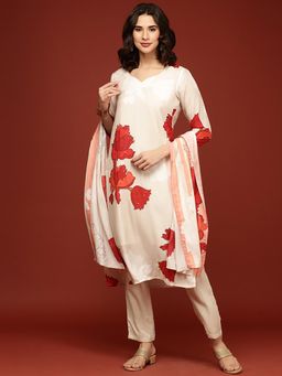 NEERU'S - Cream Floral Kurta with Pant and Dupatta