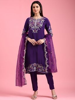 NEERU'S - Purple Embroidered Kurta with Pant and Dupatta
