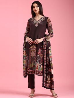 NEERU'S - Brown Printed Kurta with Pant and Dupatta