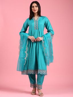 NEERU'S - Blue Solid Kurta with Pant and Dupatta