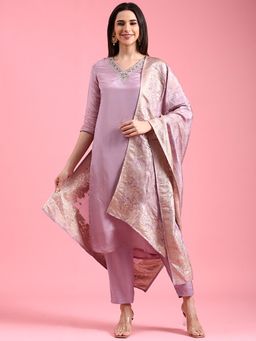 NEERU'S - Lavender Solid Kurta with Pant and Dupatta