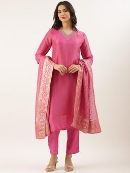 NEERU'S - Pink Solid Kurta with Pant and Dupatta