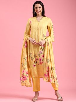 NEERU'S - Yellow Floral Kurta with Pant and Dupatta
