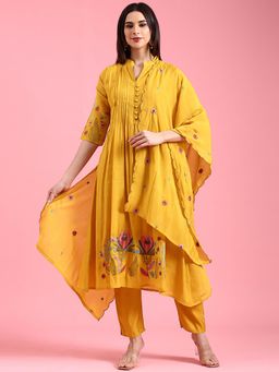 NEERU'S - Mustard Floral Kurta with Pant and Dupatta