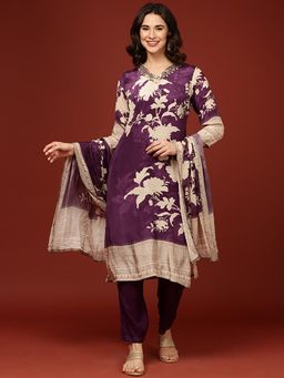 NEERU'S - Purple Floral Kurta with Pant and Dupatta