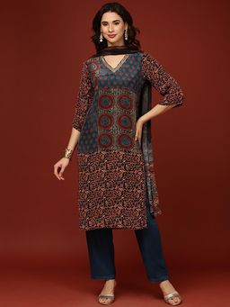 NEERU'S - Teal Floral Kurta with Pant and Dupatta