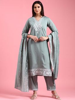 NEERU'S - Aqua Floral Kurta with Pant and Dupatta