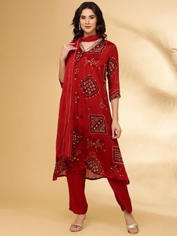 NEERU'S - Maroon Printed Kurta with Pant and Dupatta