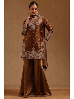 Soch - Brown Embroidered Kurta with Sharara and Dupatta