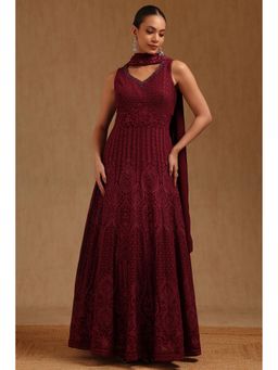 Soch - Wine Embroidered Anarkali Kurta with Leggings and Dupatta