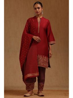 Soch - Maroon Woven Kurta with Salwar and Dupatta