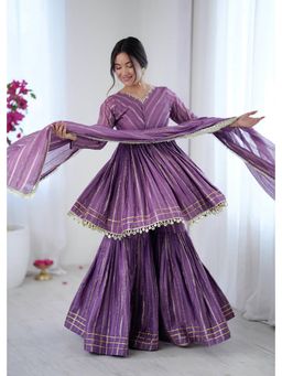 JATRIQQ - Lavender Woven Anarkali Kurta with Sharara and Dupatta