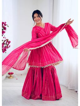 JATRIQQ - Pink Woven Anarkali Kurta with Sharara and Dupatta