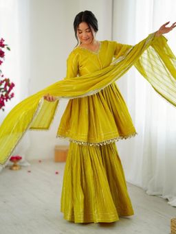 JATRIQQ - Yellow Woven Anarkali Kurta with Sharara and Dupatta
