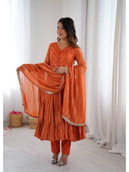JATRIQQ - Orange Woven Anarkali Kurta with Pant and Dupatta
