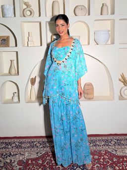 Label Kanupriya - Turquoise Floral Crop Top with Kaftan with Sharara