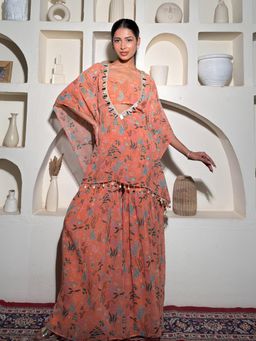 Label Kanupriya - Orange Floral Crop Top with Kaftan with Sharara