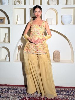 Label Kanupriya - Beige Embroidered Kurta with Sharara and Dupatta