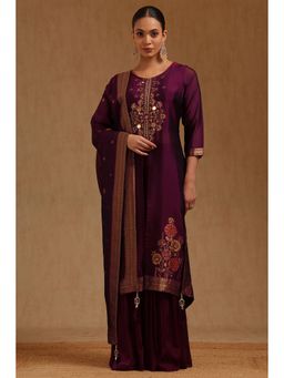 Soch - Wine Embroidered Kurta with Palazzo and Dupatta