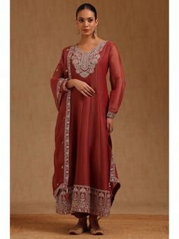 Soch - Rust Embroidered Anarkali Kurta with Pant and Dupatta