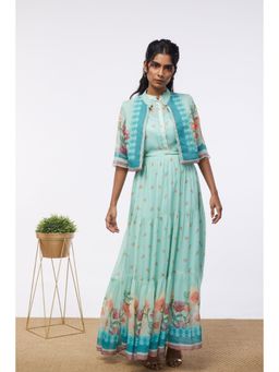 Soup by Sougat Paul - Mint Blue Blooming Bud Floral Tiered Dress with Jacket (Set of 2)