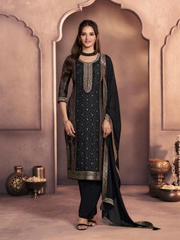 Seerat - Black Premium Dola Silk Jacquard Kurta With Pant & Dupatta